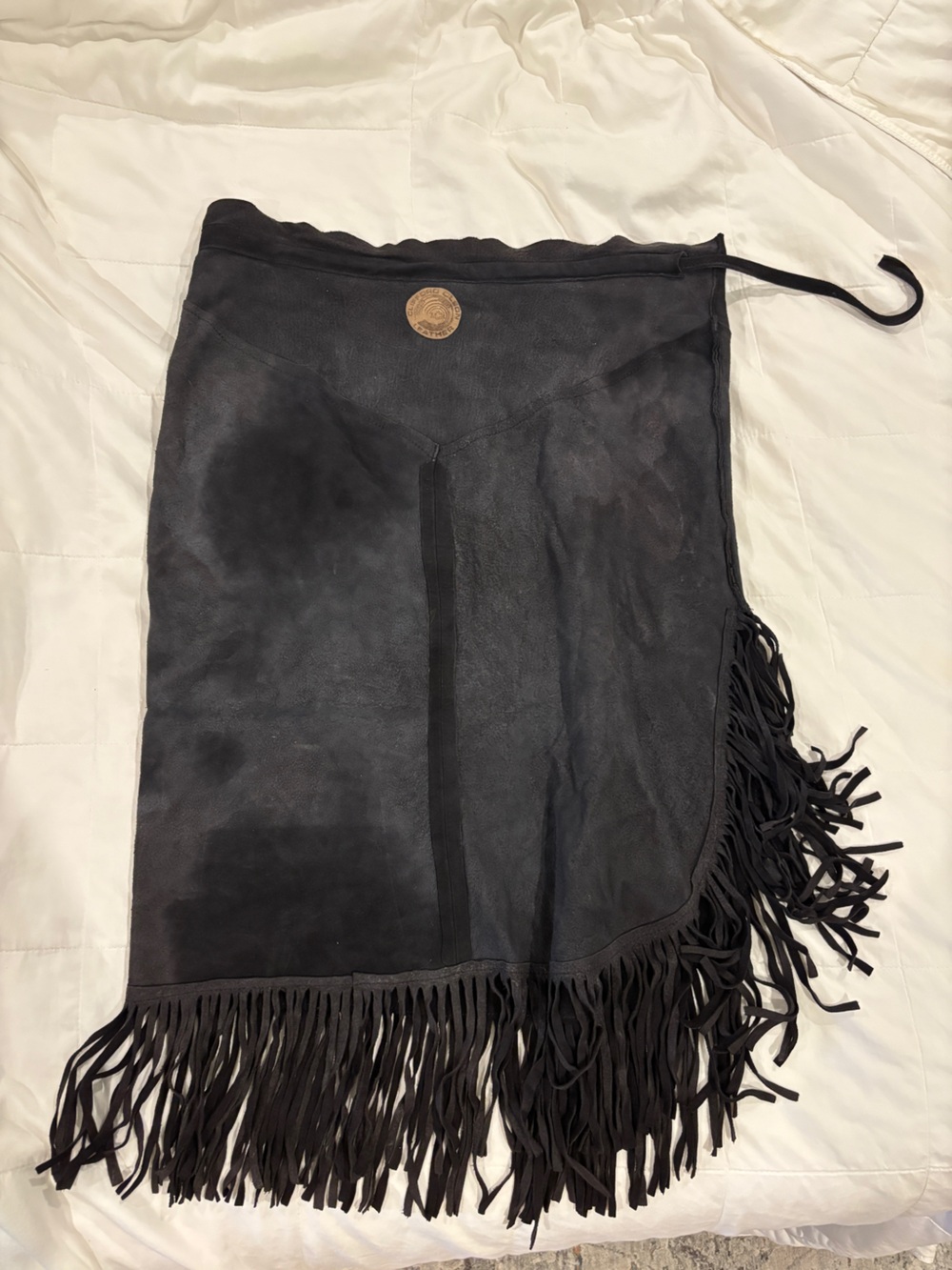 100% Black Suede Wrap Skirt with Fringe - Picture 2 of 7